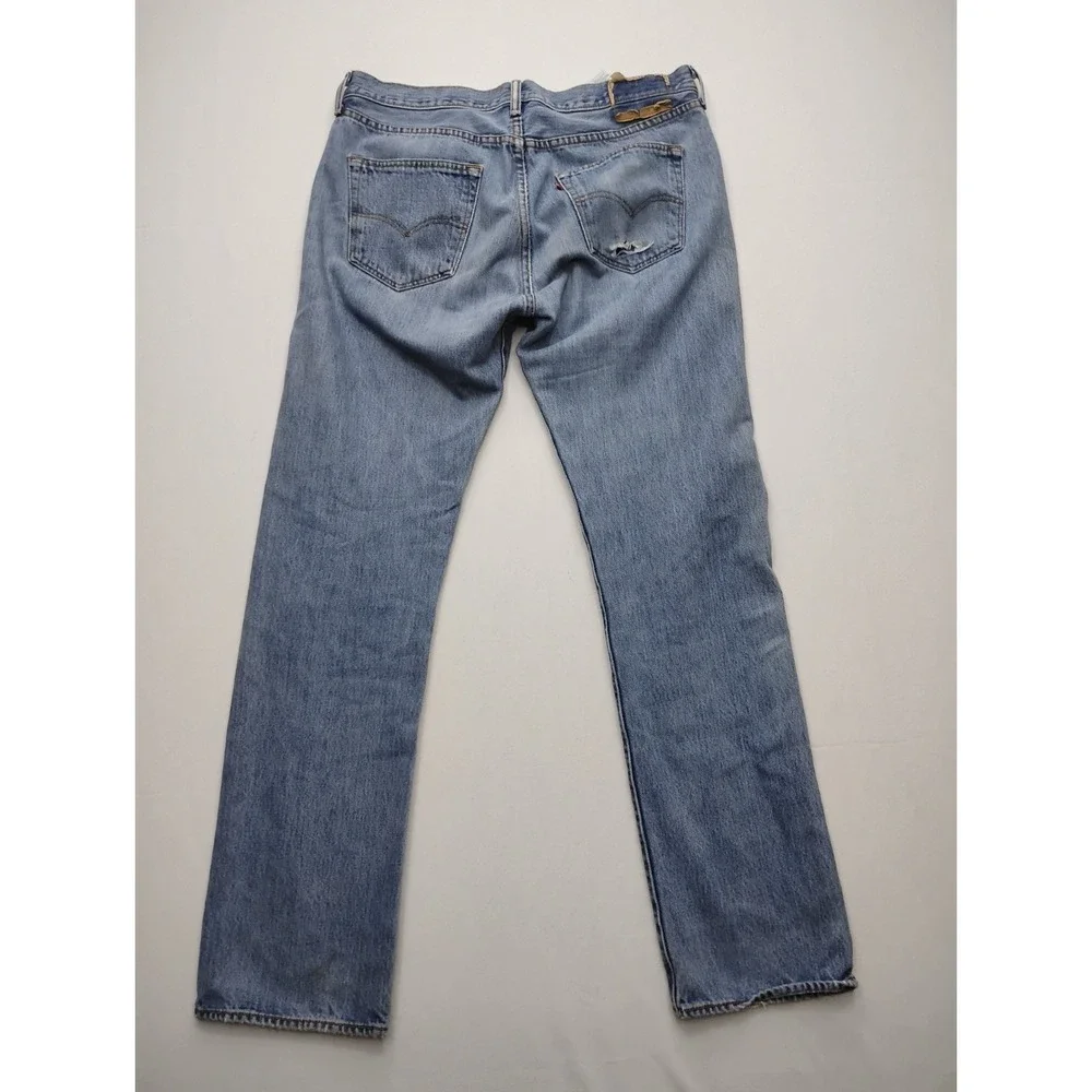 Levis 501 Jeans 34x34 Light Wash Blue Denim Button Fly Trashed Distressed